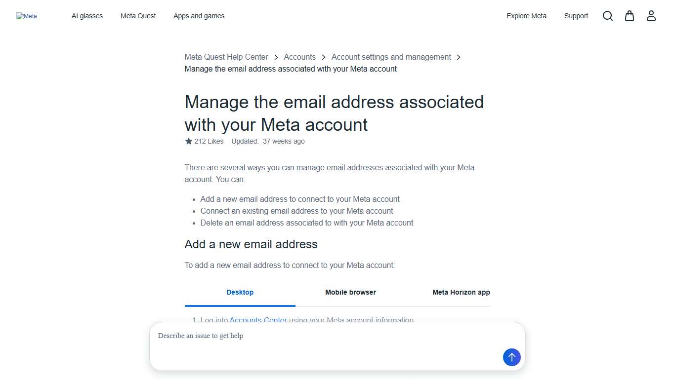 Manage the email address associated with your Meta account Quest Help Meta Store
