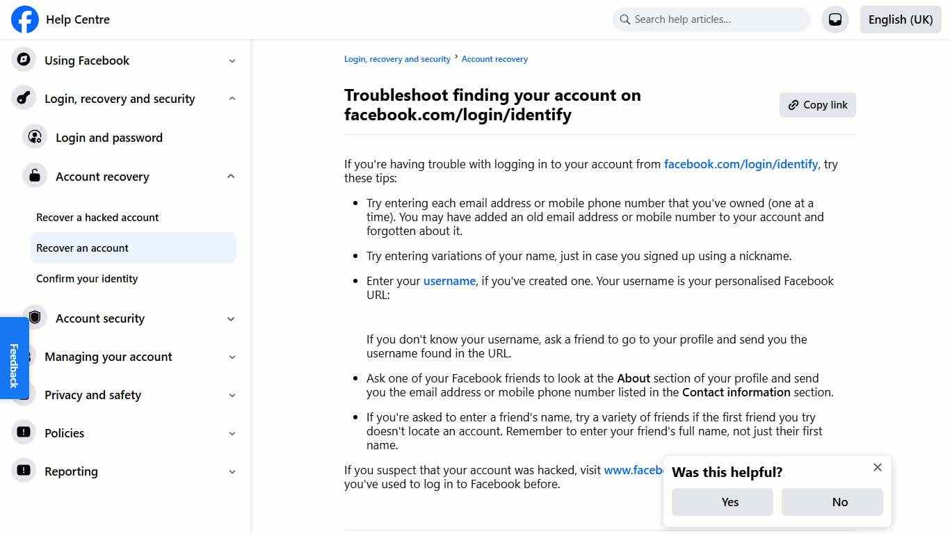 Troubleshoot finding your account on facebook.com/login/identify Facebook Help Centre